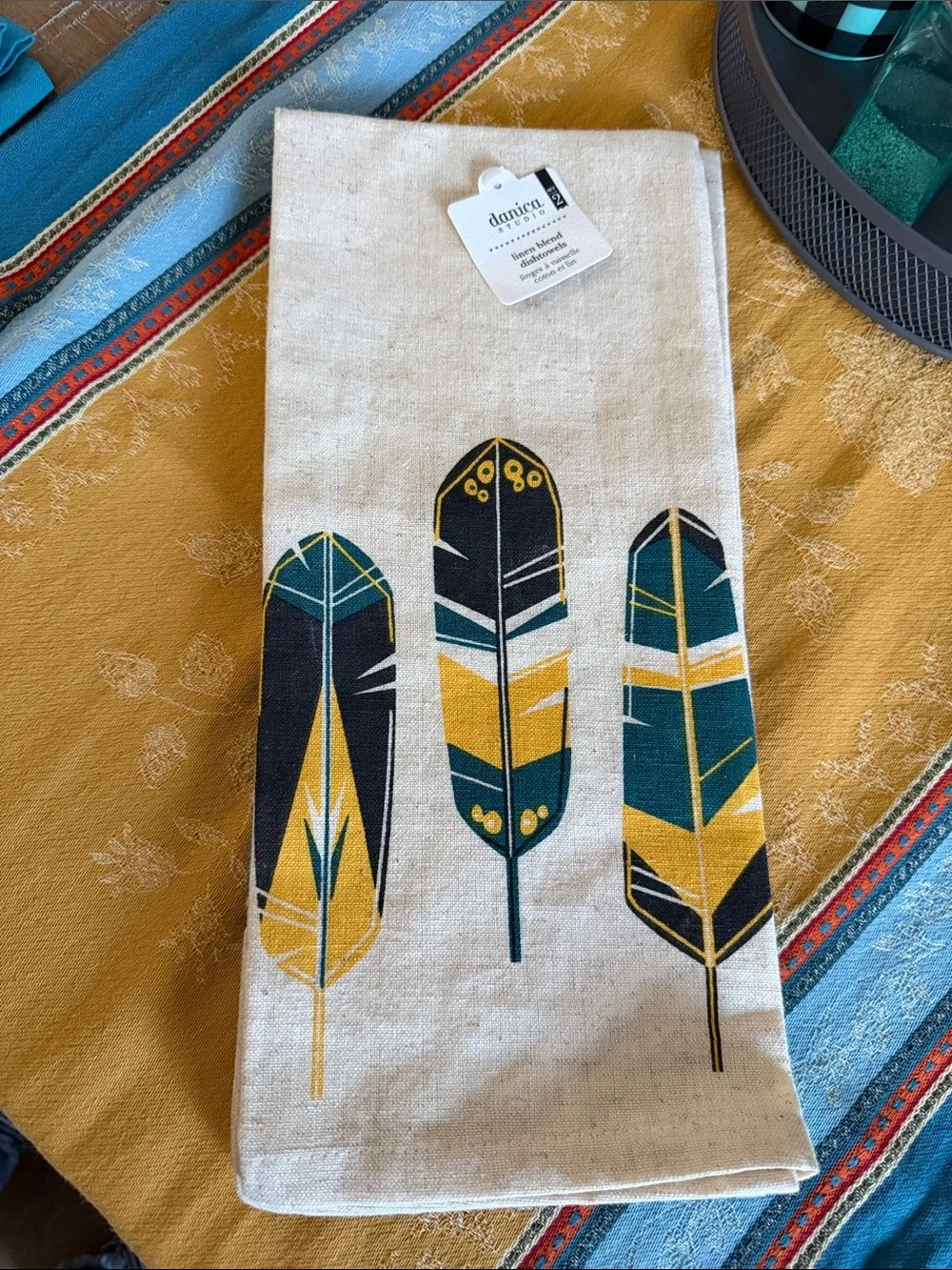 danica studio 2-set Linen/Cotton Blend Dishtowels Feathers & Birds Chirp NWT